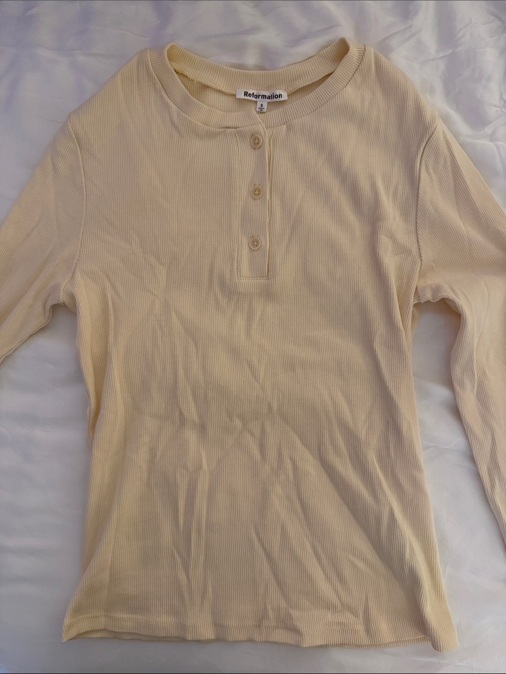 Reformation Light Cream Ribbed Henley Long Sleeve Top